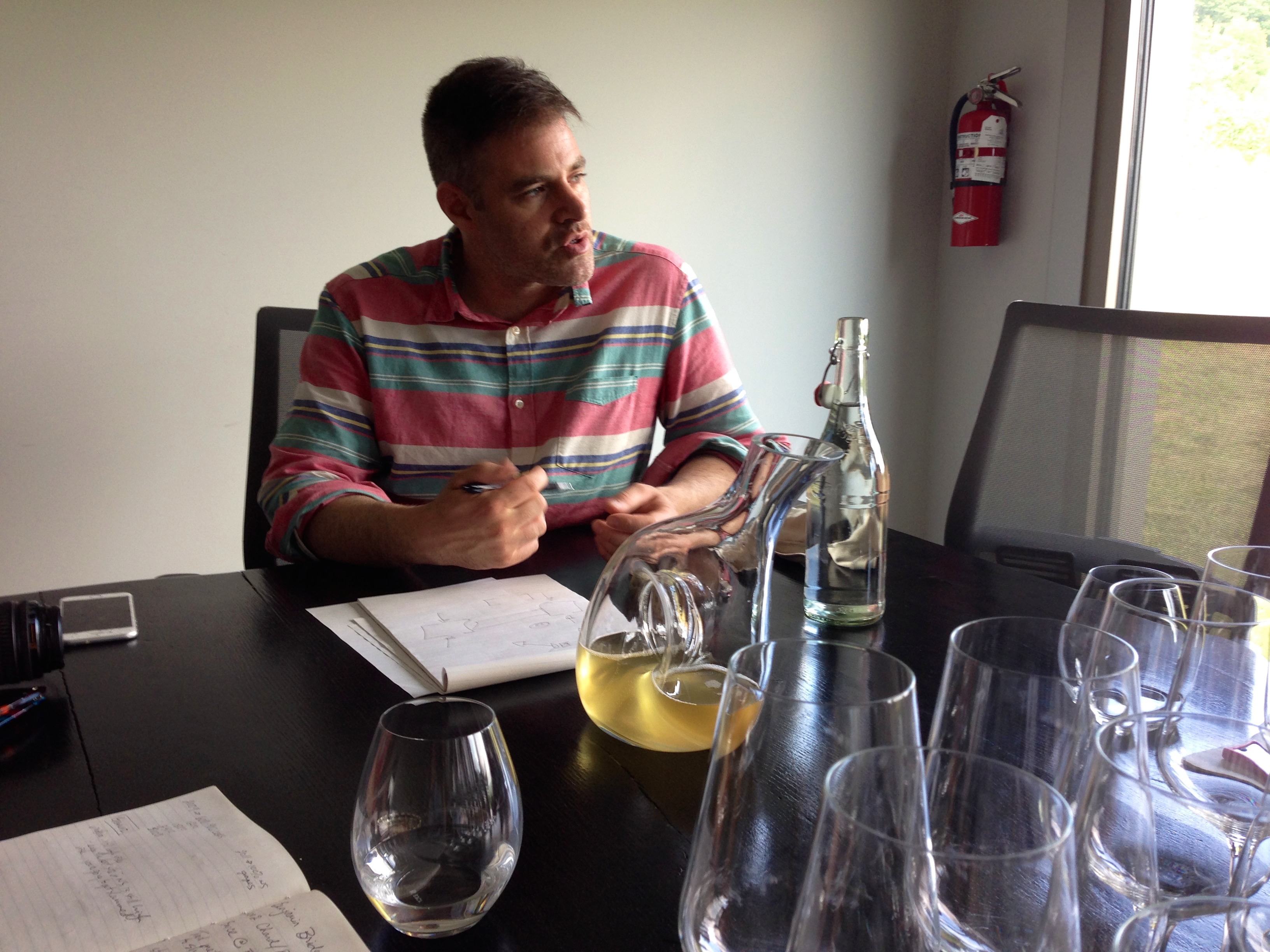 Head winemaker Jean-Benoit Deslauriers discussing the 2015 vintage during a meeting at Benjamin Bridge Vineyards.
