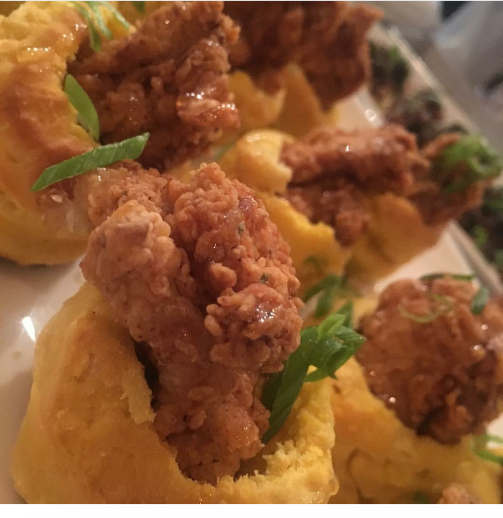 Yam biscuits with cinnamon deep fried chicken mango chutney (c) Chef Roshara. FWT Magazine.
