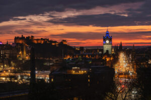 Sunset provides lovely views of Edinburgh Castle and Princes Street