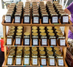 Seasonings, jams and mustards for sale at the Farmers Market in Brazos County
