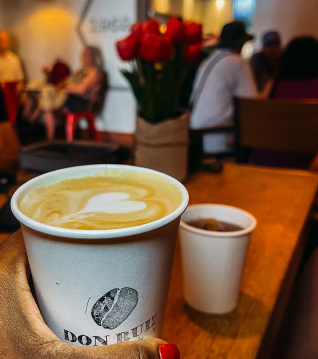 A close-up of a cup of coffee from Don Ruiz in San Juan.