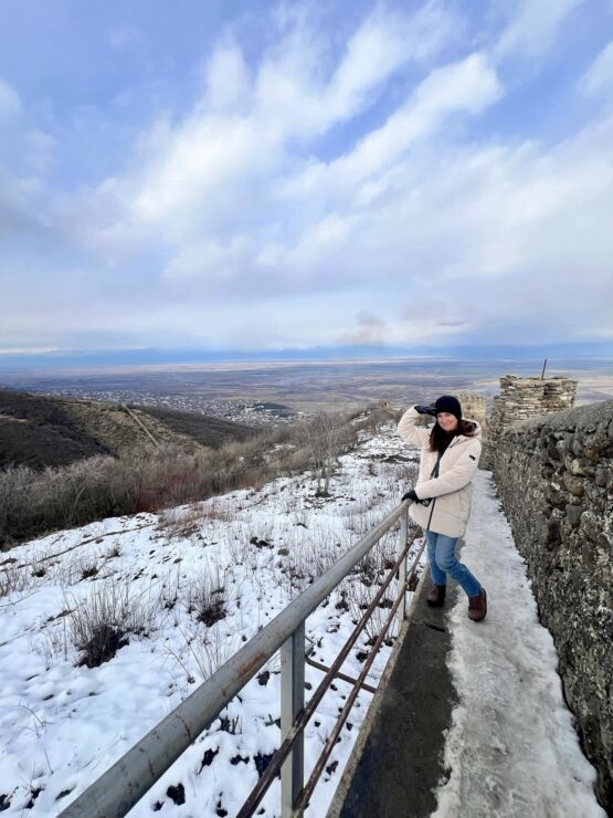 Winter in Georgia. Author standing on top of the fortress wall surrounding Sighnaghi, Georgia