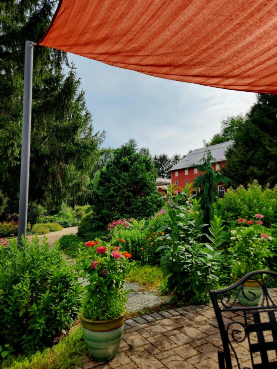 A view of the red barn winery from the heirloom flower garden, just a short drive from the Cashtown Inn.