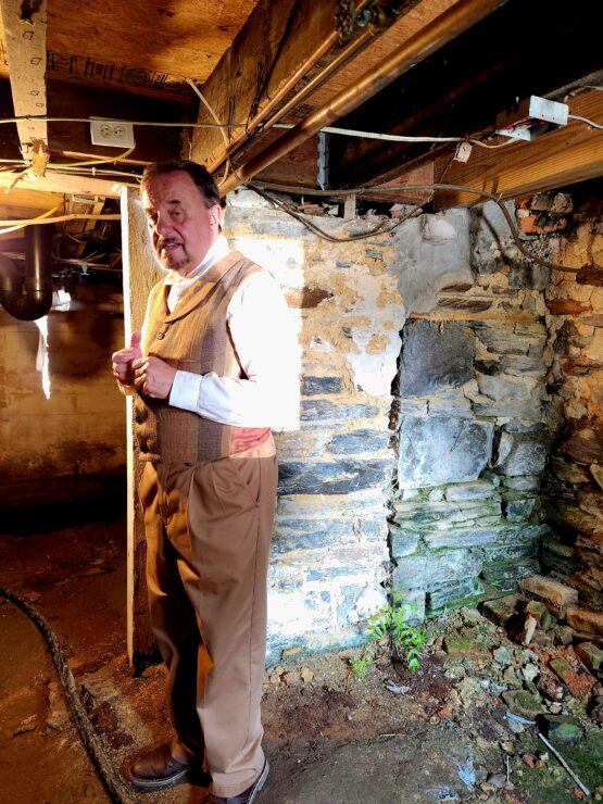 Historian Bruce in the basement discussing why the Cashtown Inn was such a perfect place