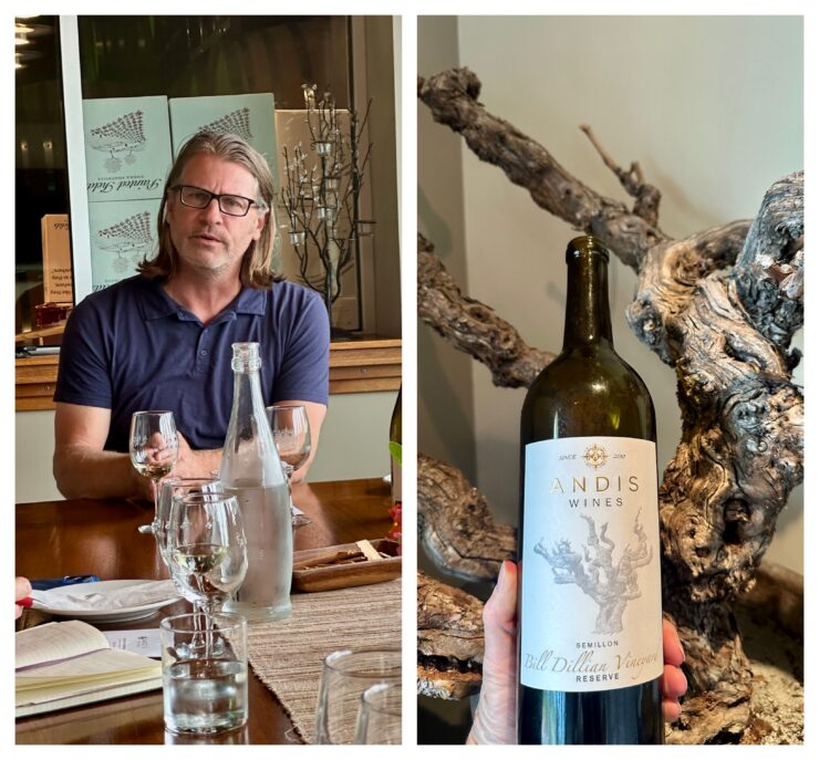 Andis Estate Winemaker Mark Fowler on left, bottle of Andis Semillion on rightt