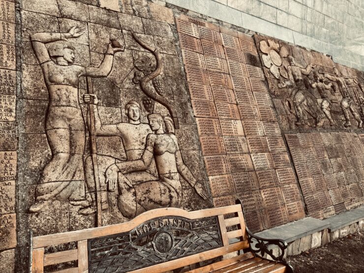 Mural in the park in Sighnahi, Georgia, depicting warriors and village life as well as acting as a war memorial.