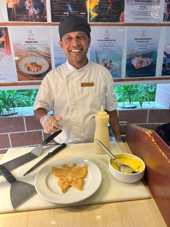 Breakfast treats at Sun Siyam often feature fun pancake creations by the chefs