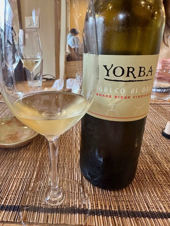 Bottle of Yorba's Greco di Oro and wine glass