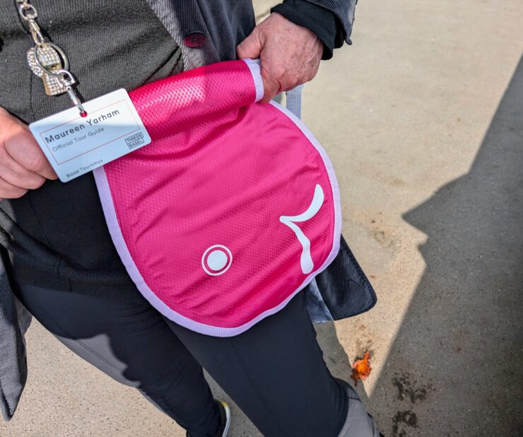 A Wickelfisch, an inflatable, fish-shaped bag that keep belongings dry while people swim the Rhine in Basel.