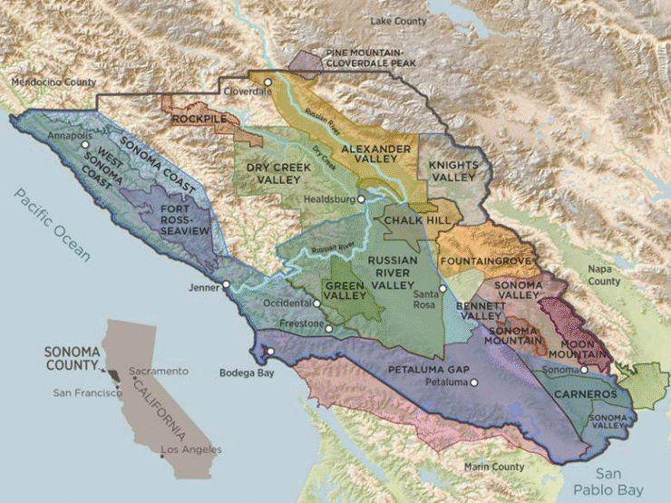 Map showing Sonoma County's 19 American Viticulture Areas