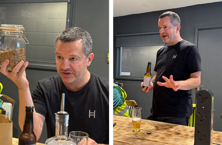 Duo image of Nigel Spragg, tour guide displaying jar of barley used in brewing lager and talking about the lager we are tasting.