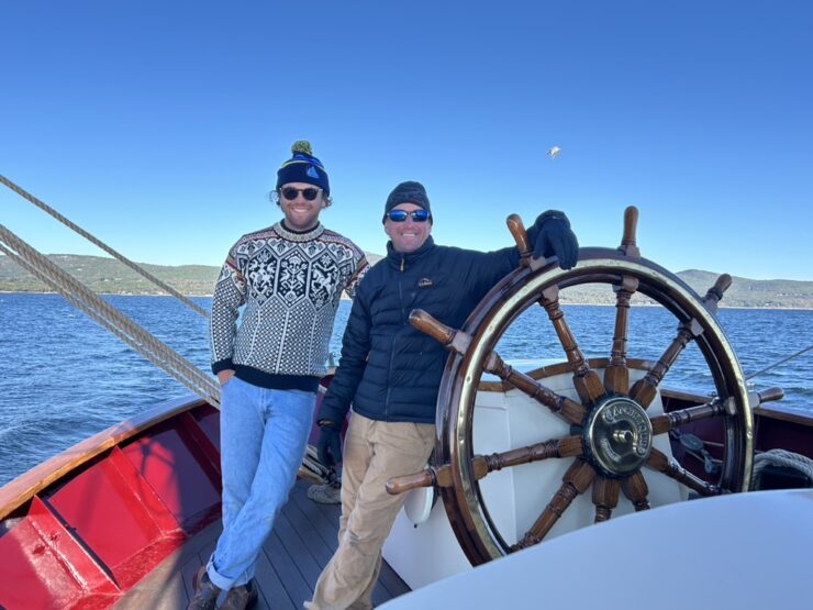 First Mate Pierce and Captain Dennis at the helm of the Angelique