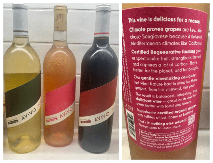 Front and back labels of AVIVO wines