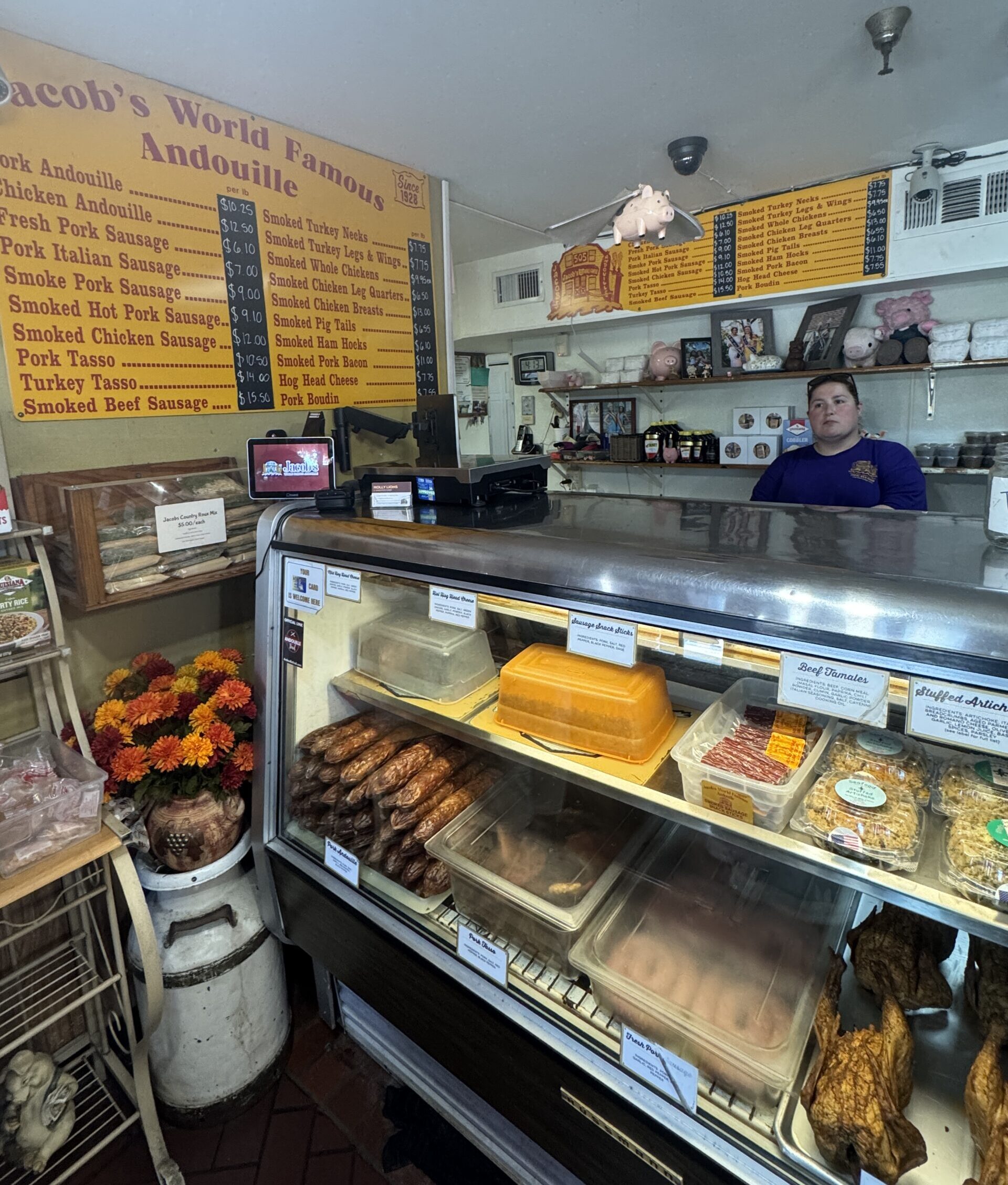 Display cases at Jacob's in LaPlace, showing andouille sausages.