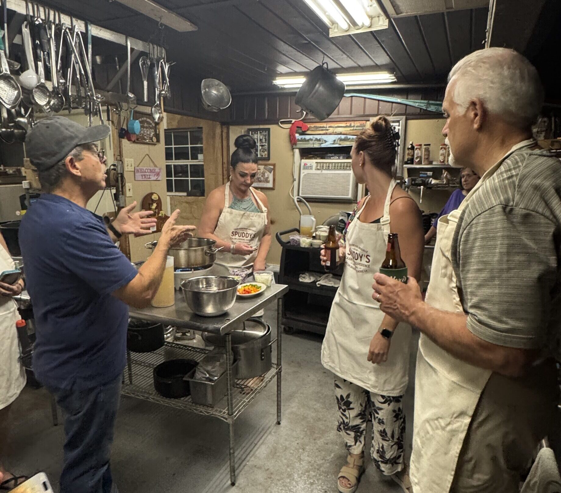 A cooking class at Spuddy's in Vacherie, showing participants in the class.