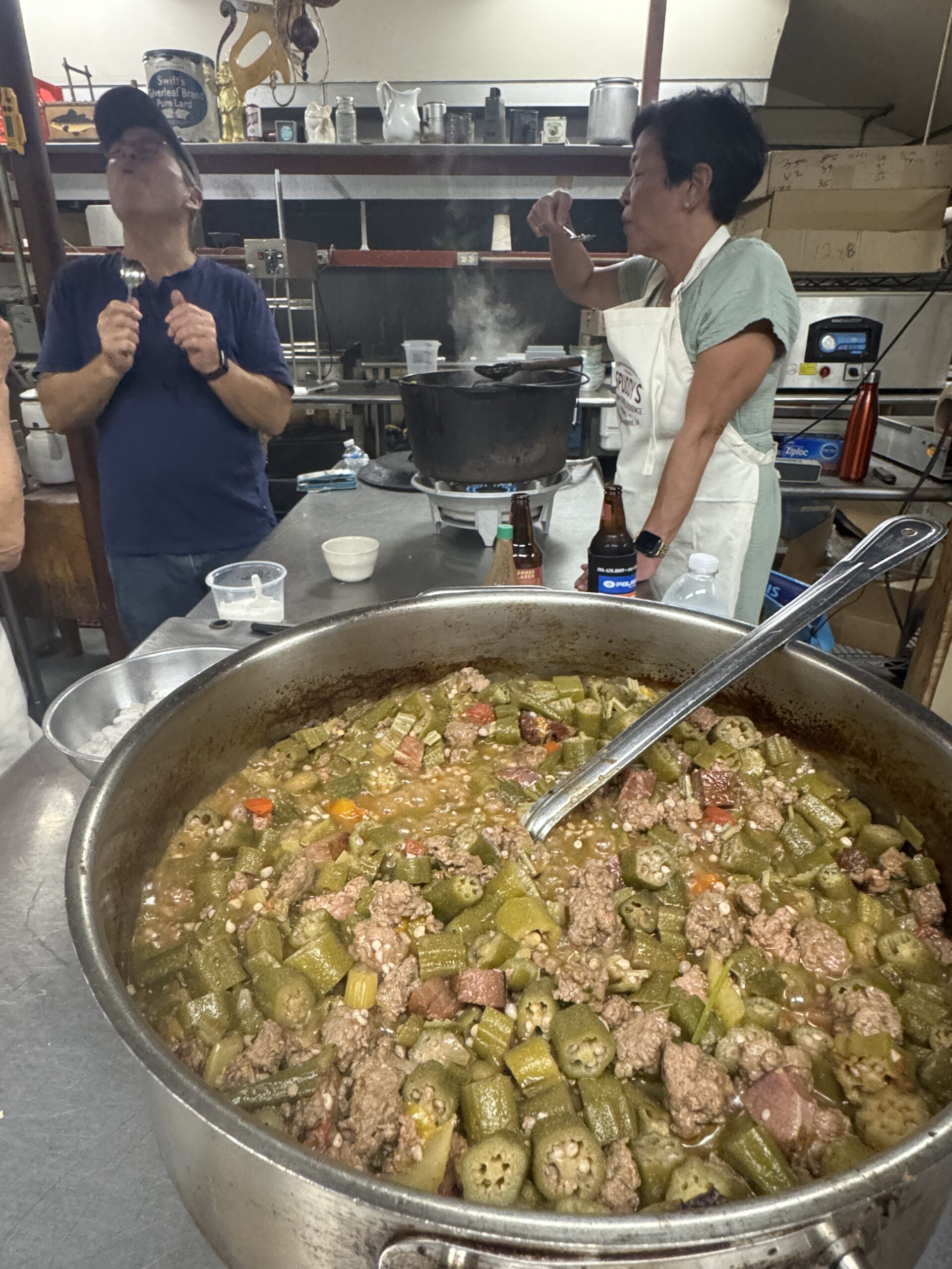 Giant pot of okra stew, the final stage of a Cajun feast.