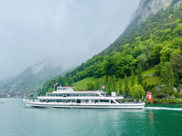 A tour boat cruising Lake Thun on a misty May day