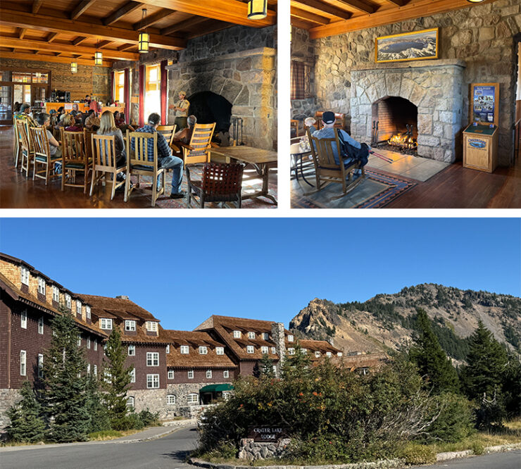 A collage of two interior scenes and one exterior at Crater Lake Lodge.