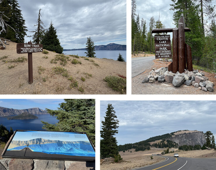 Crater Lake National Park signs at West Entrance and Rim Trail, also view of road around the Rim Trail and a sign of the lake