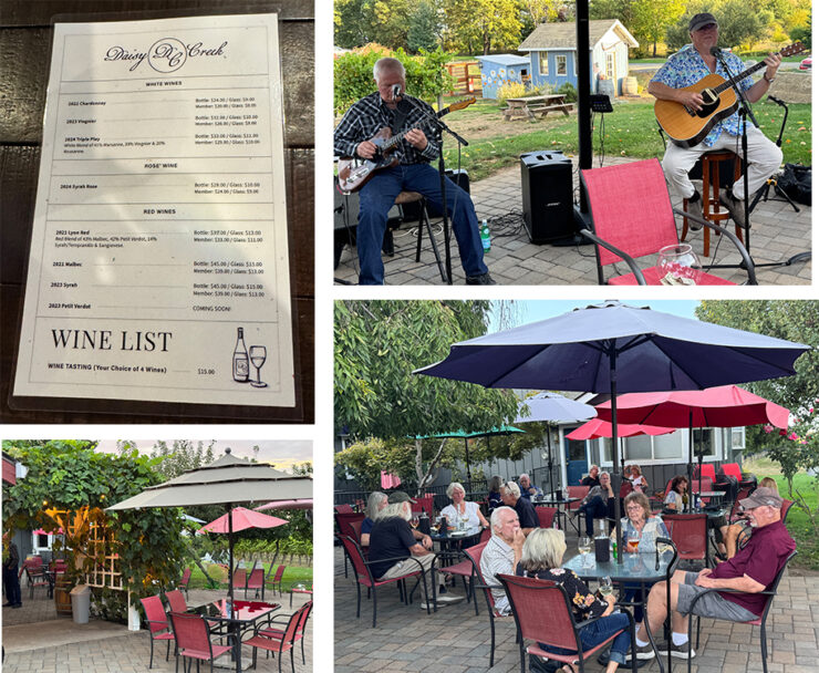 Daisy Creek Vineyard photos including musicians, people on patio, and food and wine list.