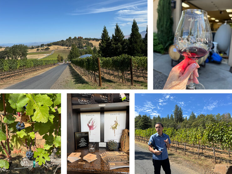 DANCIN Vineyards, located near Jacksonville, Oregon - a photo collage showing the approach to the vineyard, a glass filled with wine, grapes on the vine, bottle with the dancing woman on them, and Austin Marca, conducting our tour.