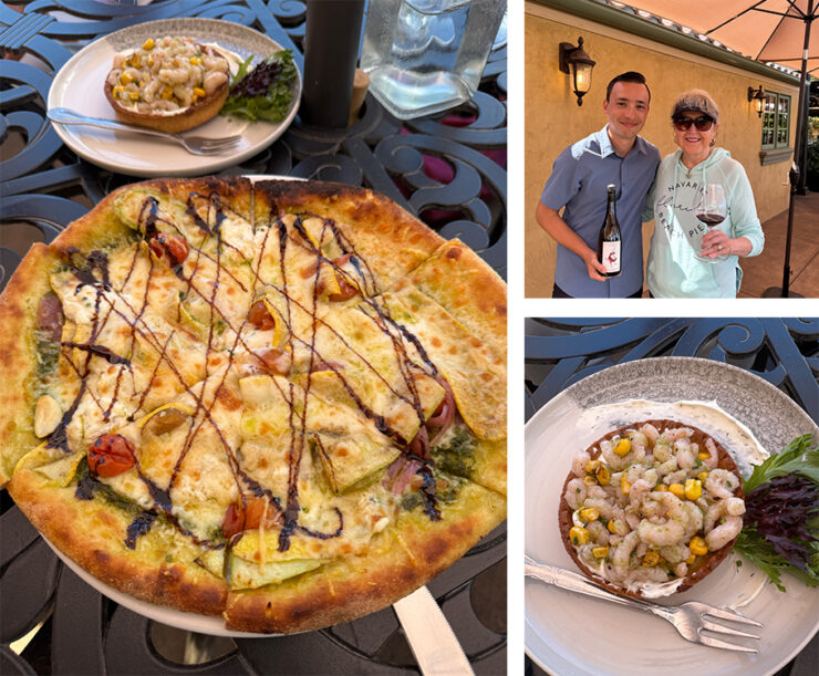 Collage of food photos ordered for lunch at DANCIN Vineyards including a pizza and a shrimp appetizer. A third photo shows the author with general manager of DANCIN Vineyards.