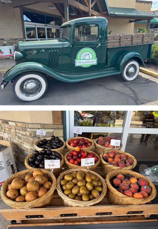 Harry and David truck outside the store, along with a display of fresh fruit.