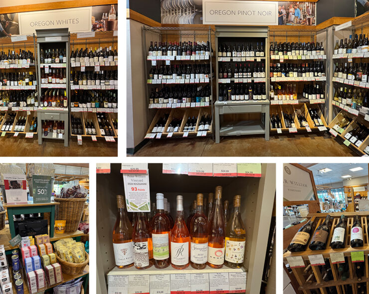 A photo collage of wine displays throughout the Harry and David store in Medford.