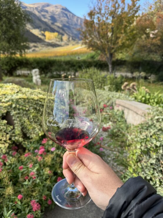 Hand holds glass of wine with Chard Farm inscribed on the glass. Background is garden flowers, trees and distant hills
