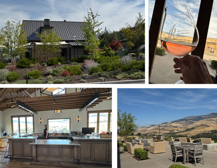 Photo collage at Irvine & Roberts Vineyard including the Tasting Room Exterior, A wine glass with Rose wine, the tasting room counter and the outdoor patio with view of the Rogue Valley.