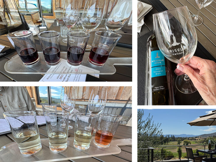 Kriselle Cellars tasting of various flights of wine, glass of wine and views of vineyard.
