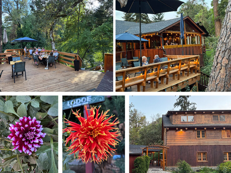 Collage of photos taken at The Lindsey Lodge, showing the deck, flowers, and the exterior of the lodge