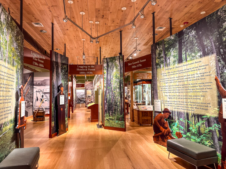 Interior view of the Pennsylvania Lumber Museum with displays that tell the story of Pennsylvania Grand Canyon.