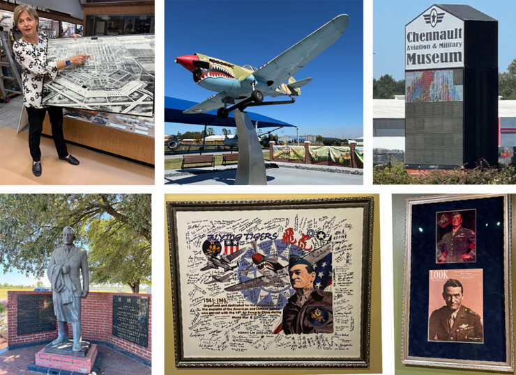 Scenes from the Chennault Military Museum including a statue of Genl. Chennault and the P-40 Warhawk fighter plan used by the Fighting TIgers in WWII.