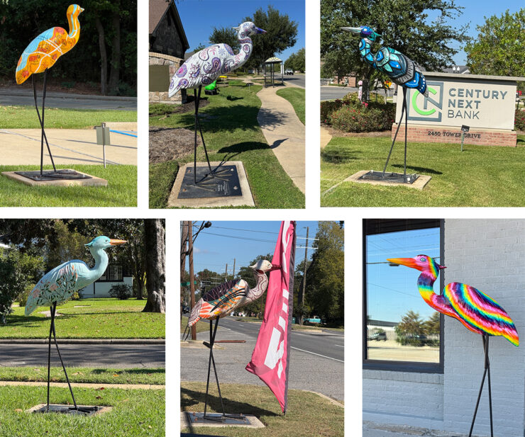 Six of the nearly 100 heron sculptures on display throughout Monroe and the Ouachita Parish, part of the Heron Hunt public art project.