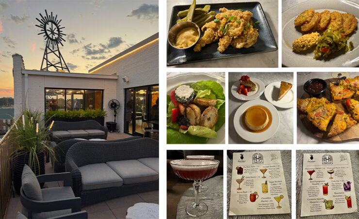 Collage of photos showing The Star Bar at the Hotel Monroe, Heirloom Restaurant dishes prepared including starters and desserts, and a drink and drink menu for Star Bar.