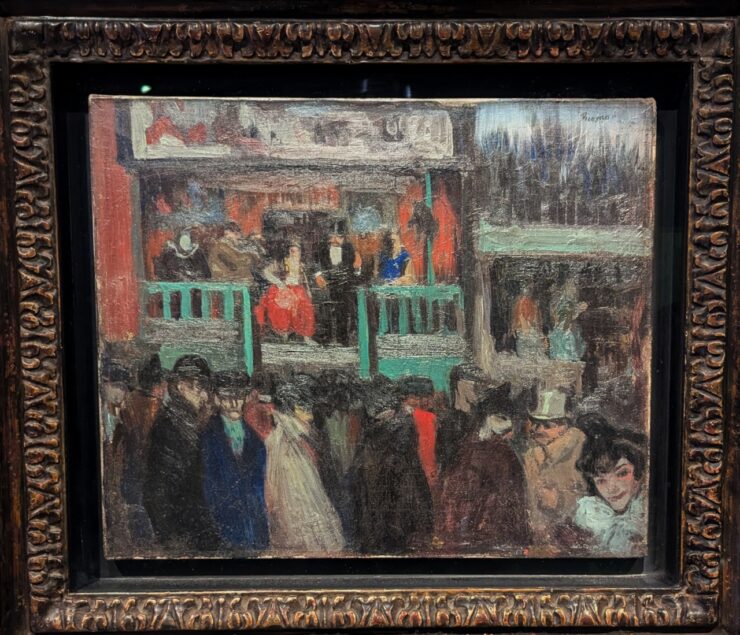 Impressionist painting showing crowded venue with a wooden staircase leading to a porch filled with people. 