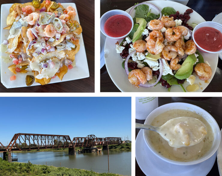 Trapp's Restaurant is known for having great Cajun food. Pictured: Mom Borque's Seafood Nachos, Cranberry Spinach Salad with Shrimp, and Shrimp Crab & Corn Bisque.
