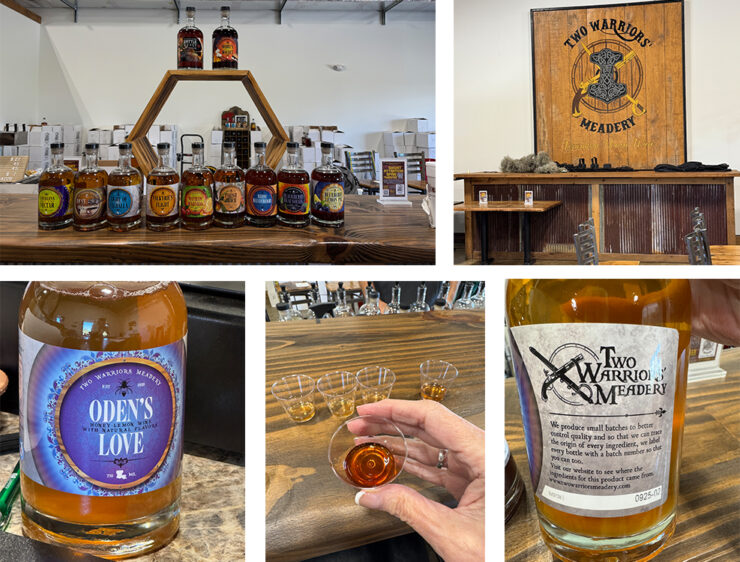 Two Warriors Meadery collage, showing current meads lined up and ready for tasting, Oden's Love mead, and small tasting cups.
