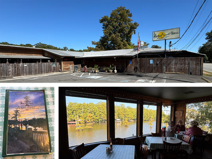 Waterfront Grill Trio of photos showing Exterior, Menu, and View of bayou from the interior.