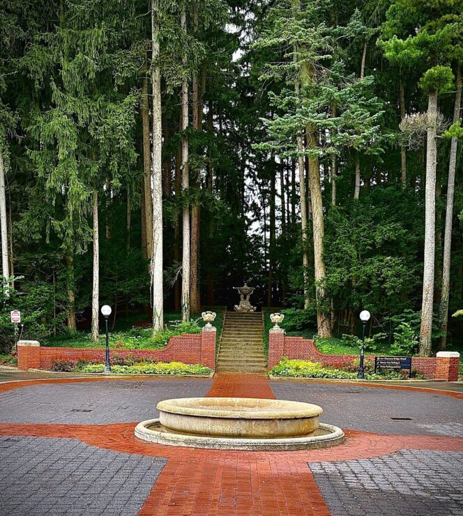 This photo shows the entrance courtyard to Cranbrook House.