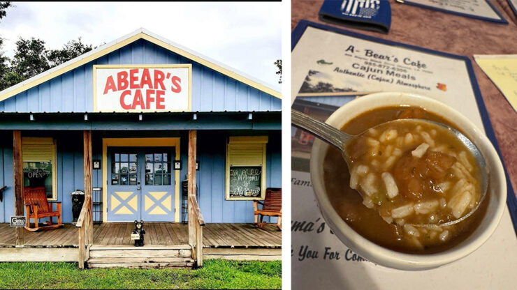 A-Bear's Cafe exterior and photo of red beams ad rice with menu.