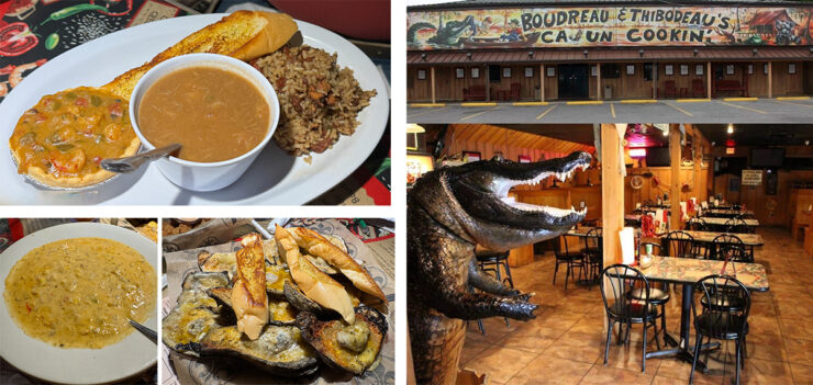 Boudreau & Thibodeau's Cajun Cookin' restaurant collage showing food and interior of restaurant.