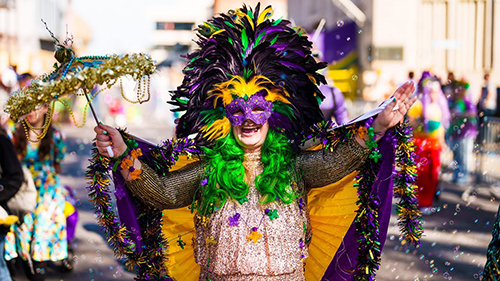 Costumed person in Mardi Gras parade in Houma, Louisiana.