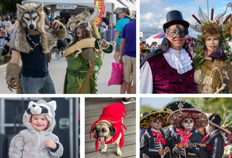 Costumed visitors to the Rougarou Fest - two adult couples, a child in a bear costume, a dog in red costume, group of children as mariachis.