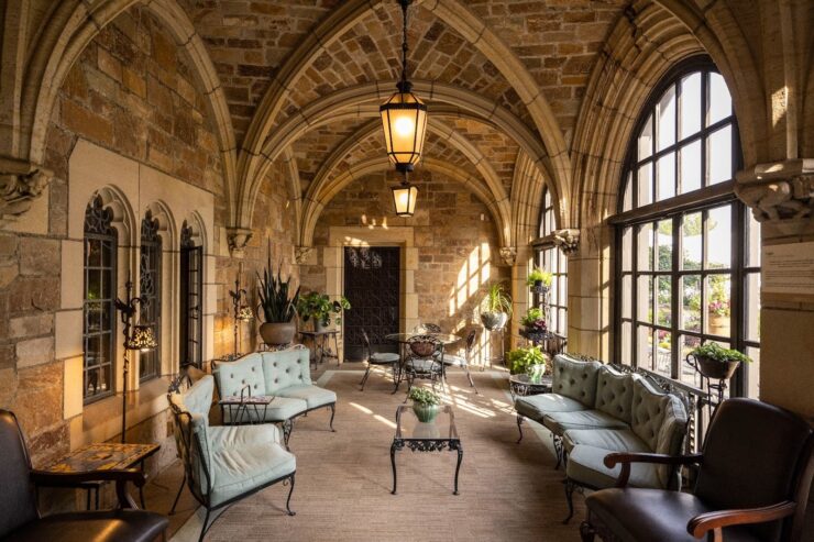 This photo shows the beautiful Loggia, which is a roofed, open-air gallery looking out at the Meadow Brook grounds