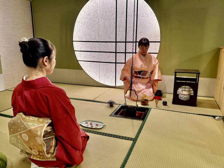 Two women perform a tea ceremony in a Japanese tearoom at TGuru in Montreal. ©Linda Barnard