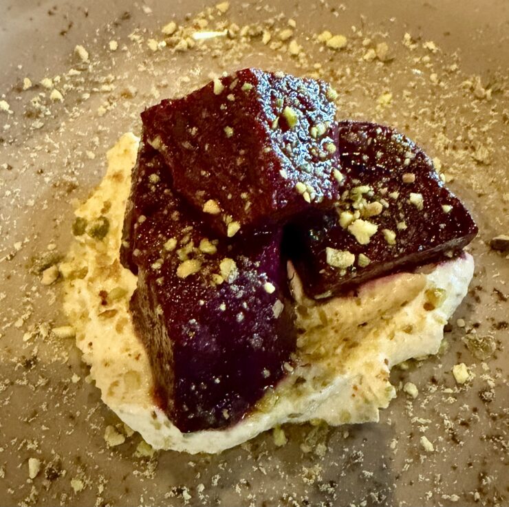 Roasted Beets on Labneh Sprinkled with Pistachio Crumbs at Domaine Serene