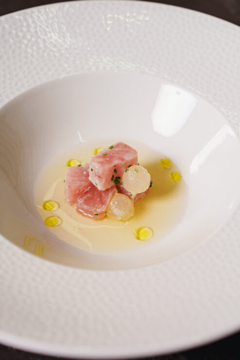 Tuna Poke with Spheres of Pear in Verjus and Dashi  at Domaine Serene