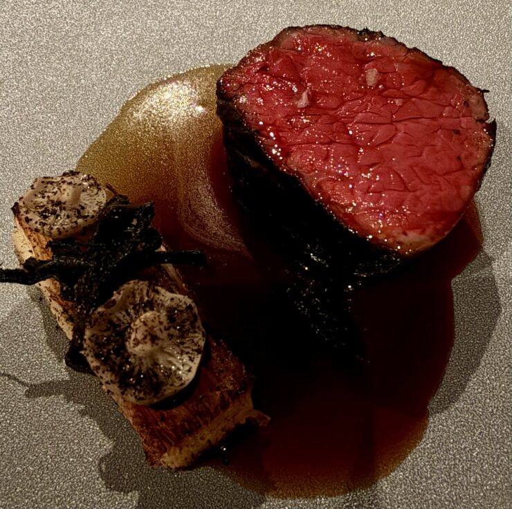 Wagyu Strip Steak in Jus with Celery Root Pave at Domaine Serene